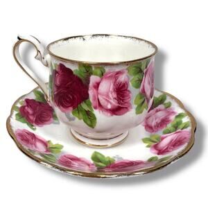 Royal Albert Old English Rose Teacup & Saucer White Gold Trim Fine Bone China